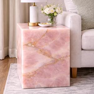 Table d'appoint en onyx rose de luxe, table de chevet en onyx naturel faite à la main, table d'appoint moderne en marbre, meubles de décoration pour salon et chambre à coucher - Product Image 1