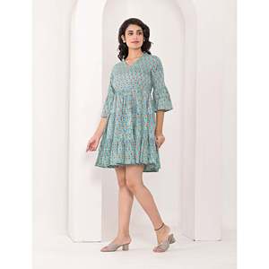 Robe en coton vert à imprimé bloc, taille élastique, respirante, style décontracté pour le bureau, style chinois, occasions de club, fourniture ODM - Product Image 3