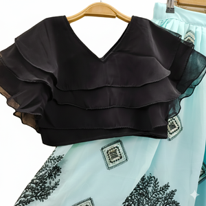 Shoryam Fashion Girls Indian Ethnic Lehenga Choli-<b>Black</b> V-Neck <b>Tiered</b> Top Light Blue Georgette <b>Skirt</b> Tree Elephant Art Party - Product Image 2