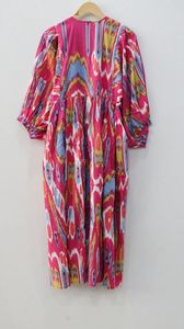 Summer Casual Ikat Long Block Print Midi Dress Deep Neck avec String Closer Loose Silhouette Natural Waistline - Product Image 5