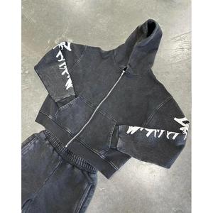 Custom Logo High Quality Cotton Distressed <b>Embroidery</b> Sweatpants and Hoodie Jogger <b>Set</b> Acid Wash Sun Faded Tracksuit for Men - Product Image 2
