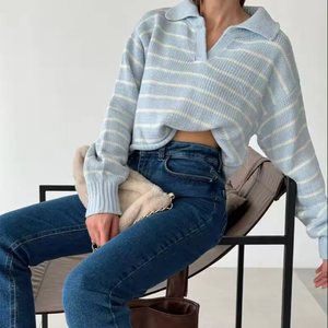 Autumn Winter <b>Women's</b> Casual Striped Notched Drop Shoulder Turn-Down Collar Long Sleeve Sweater Custom Blue Knit Pullover - Product Image 1