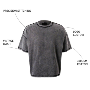 OEM Knitted Solid Cotton 300GSM Oversized Heavyweight T-Shirt <b>Drop</b> Shoulder High Quality Streetwear Vintage <b>Acid</b> Wash Custom - Product Image 2