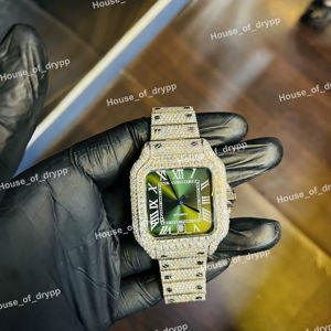 Montre automatique Hip Hop pour homme, entièrement sertie de diamants Moissanite, cadran romain vert, bracelet en acier inoxydable, style design - Product Image 1