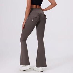 Custom Wholesale High Waist Crossover Womens Yoga Pants Full Length Flared with <b>Pockets</b> Workout <b>Gym</b> <b>Leggings</b> - Product Image 3