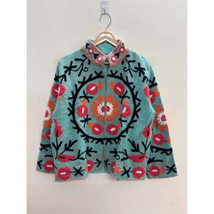 Samarkand Bloom Outerwear Hand-Embroidered Suzani <b>Jacket</b> in Sage Green with <b>Coral</b> Pomegranates Ready for Spring - Product Image 1