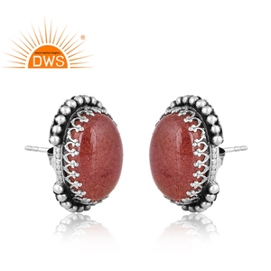 Pendiente de tuerca de piedras preciosas de cuarzo de fresa Natural de plata de ley oxidada superventas, joyería personalizada para mujer, regalo para ella - Product Image 3