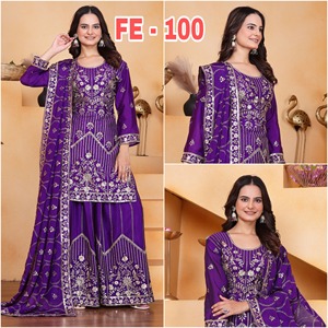 Costume Sharara bleu en soie Chinon doux avec travail fantaisie ethnique pour fête exclusive mariage Diwali Festival porter les femmes les plus vendues - Product Image 6