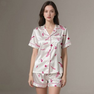 Lightweight Elegant Adult Silk Satin Sleepwear Digital Printed Pajamas Set Soft Smooth Luxury Fabric <b>Summer</b>/Spring Breathable - Product Image 6
