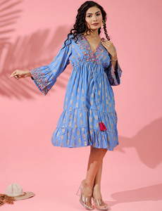 Vestido de falda corta con volantes y manga larga con estampado de Lurex de viscosa elegante y dulce para niñas y mujeres - Product Image 2