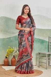 Sarees en soie pure lin Pallu à impression numérique traditionnelle avec chemisier - Product Image 4