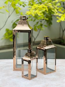 2025 Hot Selling Glossy Rose Gold Stainless Steel Glass Modern Handmade Square Shape Christmas <b>Candle</b> Holder Lanterns <b>Set</b> 3 Home - Product Image 4