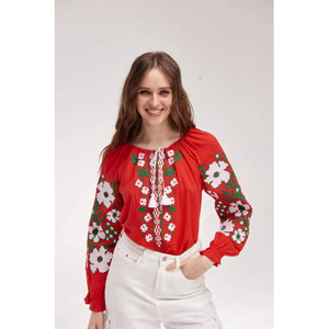 Blusa bordada de satén para mujer al por mayor con mangas acampanadas borlas cuello redondo color rojo ropa de fiesta 100% algodón verano - Product Image 4