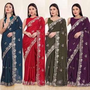 Nouveau concepteur Chinon soie séquence broderie travail Saree avec chemisier doux indien en vrac Saree pour la fête et les fonctions spéciales - Product Image 6