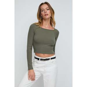 Blusa Casual de Manga Corta con Cuello Redondo, Tela de Sarga de Poliéster Color Caqui, Logotipo Frontal, Estilo Liso, Corte Regular - Product Image 1