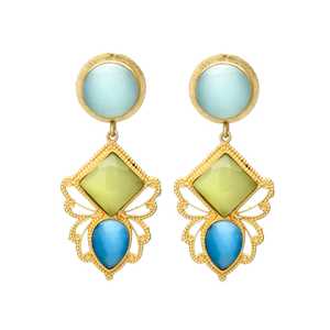 Boucles d'oreilles longues en plaqué or, belles boucles d'oreilles péridot hydro et turquoise au design classique, nouvel arrivage - Product Image 1