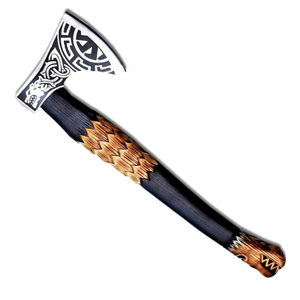 Hache viking artisanale avec manche en bois de frêne gravé et fourreau en cuir avec gravure sur la tête - Product Image 5