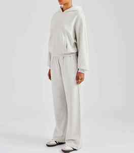 ชุดวอร์มผู้หญิงสั่งทำพิเศษ ผ้าฝ้าย 100% ขายส่ง เสื้อฮู้ดดี้ทรงหลวมไหล่ตก & กางเกงวอร์มขาบาน ชุดวอร์ม 2 ชิ้น - Product Image 5