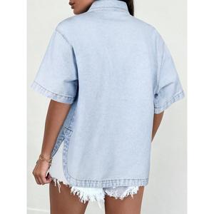 Paola Riboni Women <b>Denim</b> Shirt Oversize Short Sleeve Button Up Light Wash Vintage Style Summer Casual <b>Coat</b> - Product Image 2