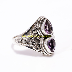 Bague en argent sterling 925 pur, faite à la main, avec deux pierres précieuses améthyste, filigrane, pour femmes, cadeau unisexe pour femme - Product Image 2