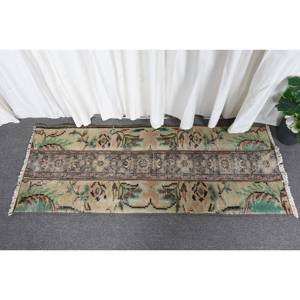 Alfombra de lana de retazos marrón verde clásica de área grande, diseño de Aubusson turco de 1,8x4,7 pies para sala de estar o pasillo con respaldo de látex - Product Image 1