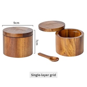 Acacia Wood Salt Jar with Spoon Solid Wood Seasoning Box Pepper Box Kitchen Seasoning Bottle Salt Box Storage Seasoning Jar - Product Image 2
