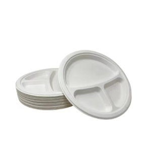 Assiette de canne à sucre 10 pouces 3 compartiments compostable Bagasse plat rond jetable pour la séparation des repas de fête - Product Image 1