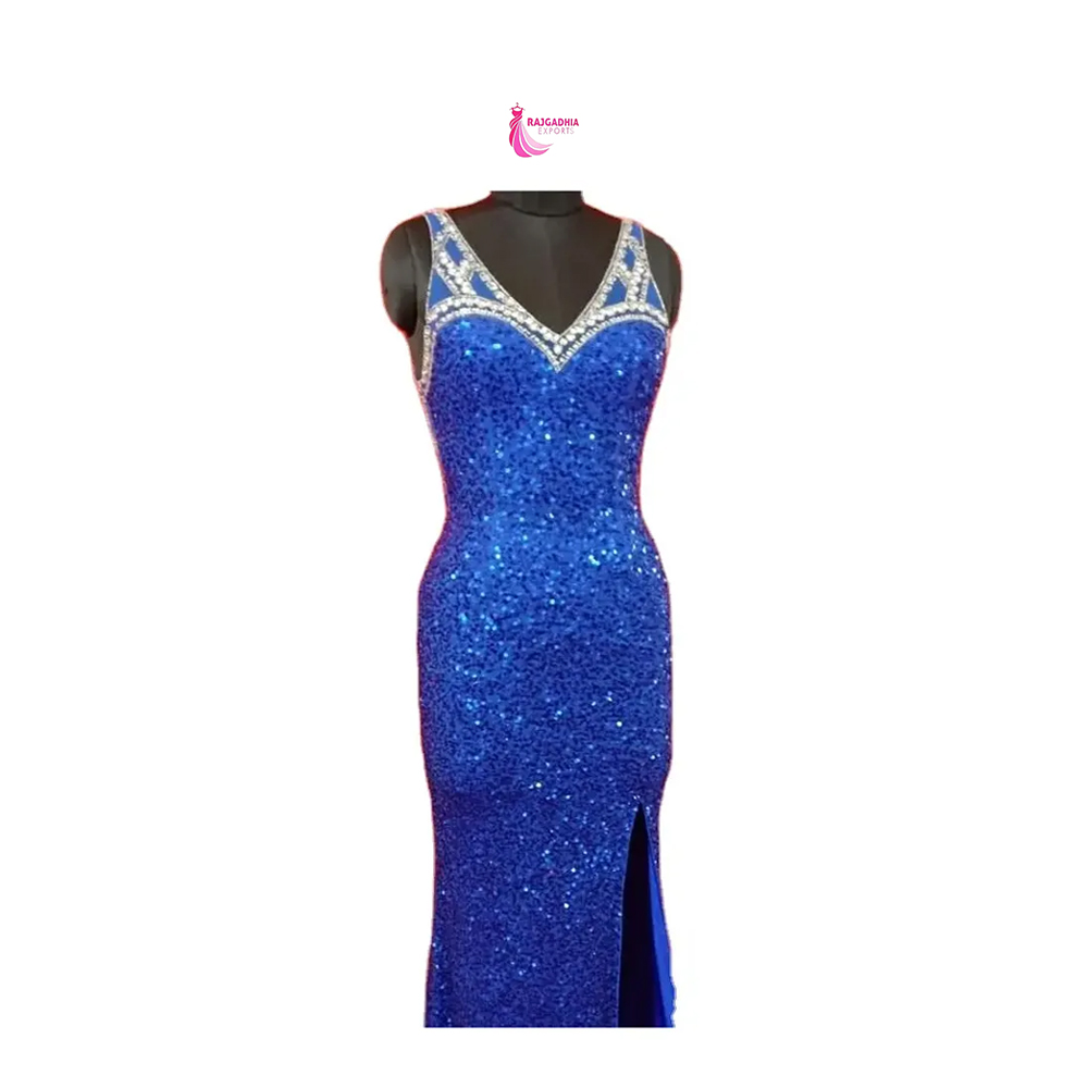 Beautiful Blue Sexy Hand Beaded Sleeveless V-Neckline Evening Gown Exclusive Beading Stylish Evening Gown