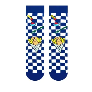 Breathable Daily Use <b>Fish</b> & Chips Patterned Fast Food Themed Checkered <b>Socks</b> - Product Image 1