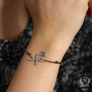 925 Sterling Silver Fine Charm <b>Bracelet</b> with <b>Flower</b> Stick Figure and Brown Cord Elegant Stick Figure <b>Bracelet</b> - Product Image 1