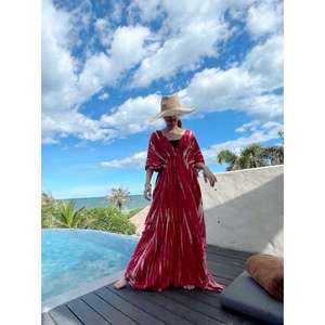 Robe maxi kaftan en tie-dye naturel écologique pour femmes, col en V, coupe ample, style bohème, vêtements de plage, été, resort, longue - Product Image 1