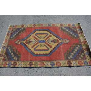 พรมถักสไตล์ตุรกีวินเทจ3.5 x 5.9ft ผ้าวูลสีเหลืองแดงถักทอเรียบพรมยางสำหรับโถงทางเดินสี่เหลี่ยมพื้นที่ - Product Image 3