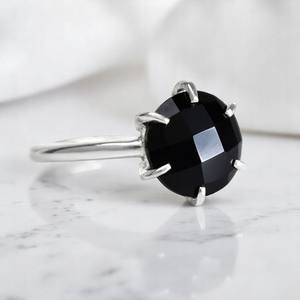 New Arrival Round <b>Black</b> Onyx Gemstone Prong set Gold Plated Band 925 Silver <b>Ring</b> 8 MM Natural Birthstone <b>Rings</b> for <b>Women</b> - Product Image 2