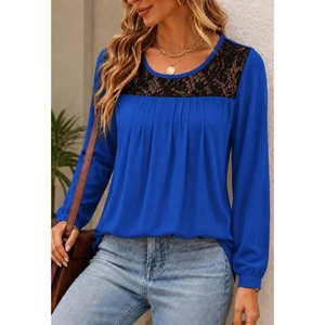 Blusa de viscosa con cuello de ciclista y detalles de encaje, manga larga, para mujer, 38584 - Saks Mavi - Product Image 1