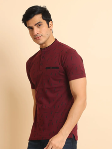 T-shirt tendance 100% coton avec col mandrin unique et demi-manches coupe régulière conception d'impression confortable pour un usage quotidien - Product Image 4