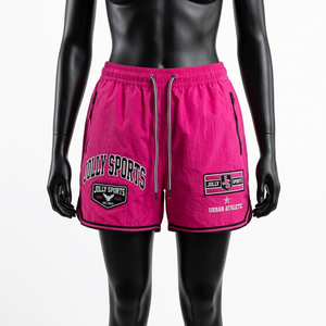 Shorts de sport pour femme en nylon respirant 120 GSM de haute qualité, coupe-vent, rose, avec ourlet contrastant et patch logo personnalisé - Product Image 1