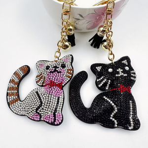 Korean Crystal Velvet Lucky cat Kitten Rhinestone Keychain Bling Diamond Animal Kittens Cats Key Chains Key Ring Pendant Jewelry