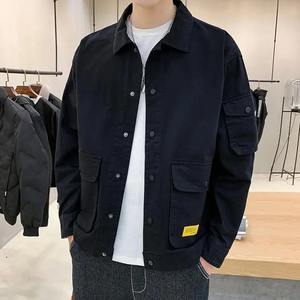 Veste matelassée en cuir d'agneau pour homme, style streetwear Harajuku, bouton unique, couleur unie, col montant, poches cargo, coton - Product Image 5