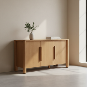 Buffet moderne en chêne massif avec pieds en colonne et 3 portes, résistant à l'eau, couleur naturelle - Product Image 2