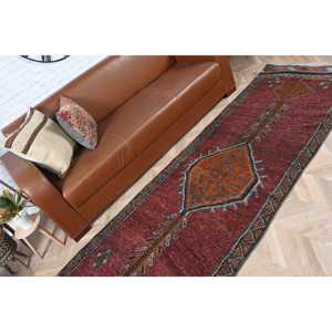 Alfombra Vintage de 3.1x9.5 pies, Alfombra Turca de Lana Sólida Roja Anaranjada - Product Image 4