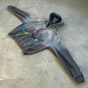 2025 Best Streetwear Gemstones Rhinestone Hoodies Acid Wash Vintage Sun Faded Dtg Print Heavyweight Hoodie Set para hombres - Product Image 2