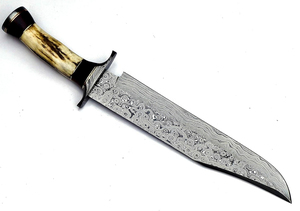 Vente en gros de couteau de chasse Bowie fait main en acier damas avec manche en bois gaine en cuir fin - Product Image 2