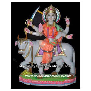 รูปปั้นหินอ่อนสีขาวเทพธิดาเดอร์กาสำหรับวัดแฮนด์เมดที่งดงามนั่งอยู่บนวัว Shree Durga Mata Murti สำหรับบูชา - Product Image 1