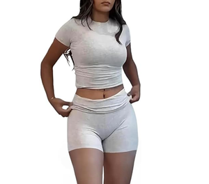 Conjuntos de Dos Piezas para Mujer, Tops de Manga Corta Ajustados de Verano, Shorts Plegables, Conjuntos de Salón a Juego - Product Image 1
