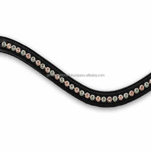 Équipement de cheval de haute qualité bande de sourcils de cheval en cuir noir de qualité supérieure avec 1 rangée décorative menthe et or strass Bling - Product Image 3