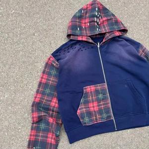 High Quality Custom Logo 100% Cotton Fleece Patchwork Color Block <b>Zip</b> up <b>Cropped</b> Acid Washing Sun Faded <b>Zip</b> up <b>Hoodie</b> for Men - Product Image 2