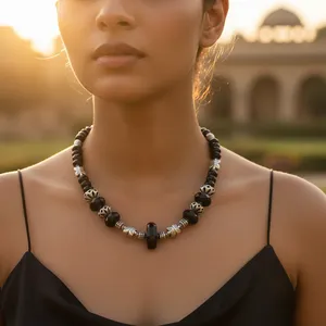 Women's Black <b>Onyx</b> Bead <b>Necklace</b> Turquoise Zircon Geometric Pattern Rhodium Plated Platinum Rose Gold Accents Trendy Gift - Product Image 3