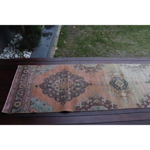 Vintage Rug, 2.6x9.9 ft <b>Runner</b> Turkish Rug, Blue <b>Red</b> Check Rug - Product Image 5