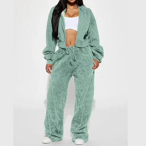 Ensemble personnalisé de haute qualité poids lourd 100% coton délavé à l'acide sweats à capuche zippés Survêtements unis vierges pour femmes - Product Image 1