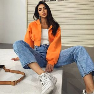 Sweats à capuche zippés en coton solide vintage pour femmes avec poches Streetwear sweat court Outwear Femme vestes à capuche - Product Image 2